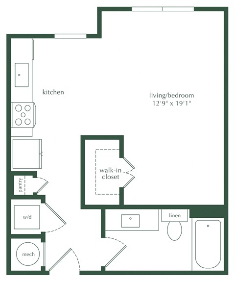 Floor plan for studio, 1 bath, 531 sqft